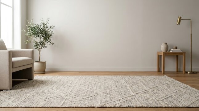 A light-colored rug sits on a wooden floor in a modern living room. A comfortable armchair and a small wooden side table are positioned near the rug.