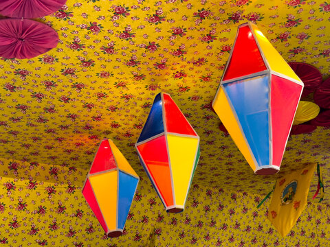 Colorful Festa Junina lanterns with traditional floral decoration