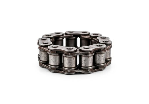 Heavy duty metal roller chain formed in a circle on white background