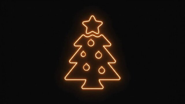 Neon Christmas tree icon with glowing orange light, festive holiday symbol on black background, minimalist winter seasonal decoration