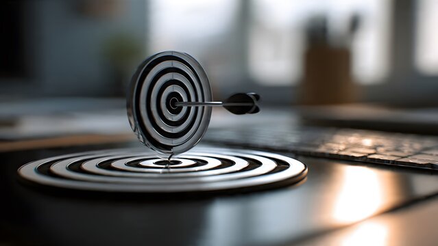 Metallic silver dartboard target on laptop keyboard with arrow hitting center point representing digital business success and technical precision in modern workspace with shallow depth of field.