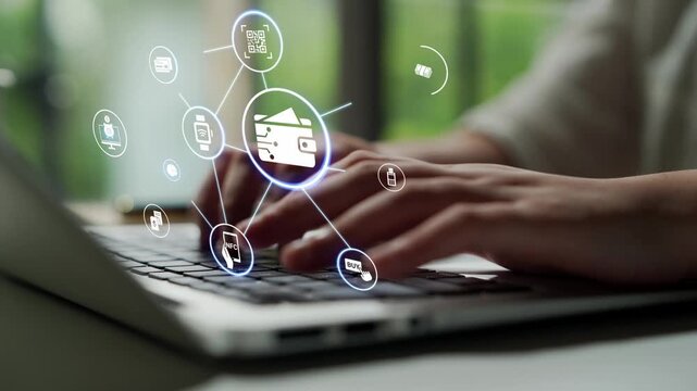 Digital wallet icons show mobile payment, digital wallet transfer, and online banking. Digital wallet supports secure payment, cashless transactions, and financial integration. Funnel
