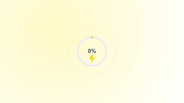 Electric battery charging indicator progress circle animation yellow gradient background