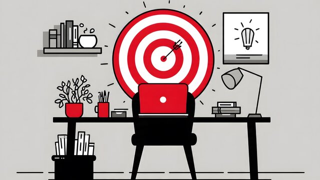 Minimalist flat illustration of clean workspace with large target background red laptop on desk symbolizing focused work productivity creative ideas goal oriented tasks efficient environment.