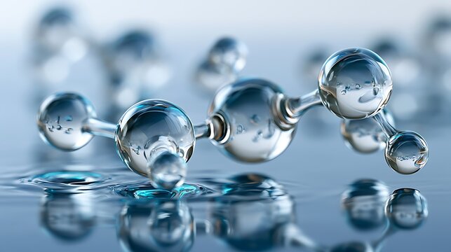 Luxury molecular science background with crystal-clear glass molecules emerging from a reflective blue surface,