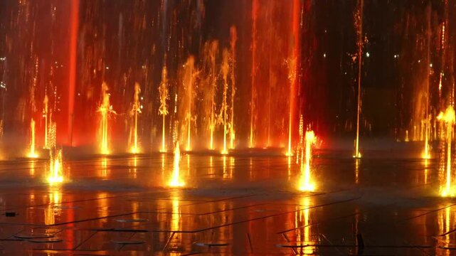 The fountain show is taking place to the accompaniment of dazzling lights and music.화려한 조명과 음악에 맞추어 분수쇼가 진행되고 있습니다.