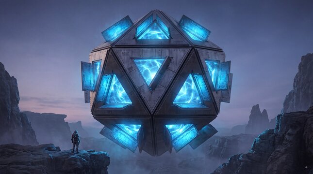 Astronaut discovering glowing geometric alien artifact in rocky landscape