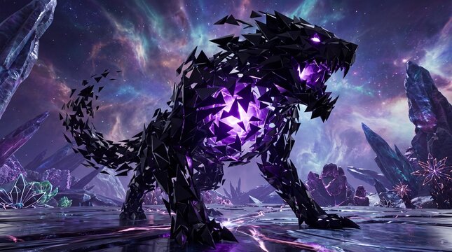 Geometric crystal beast roaring in glowing cosmic alien landscape