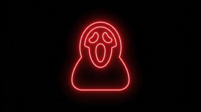 Neon ghost mask glowing red, spooky halloween phantom icon on black background, horror movie scream character light sign