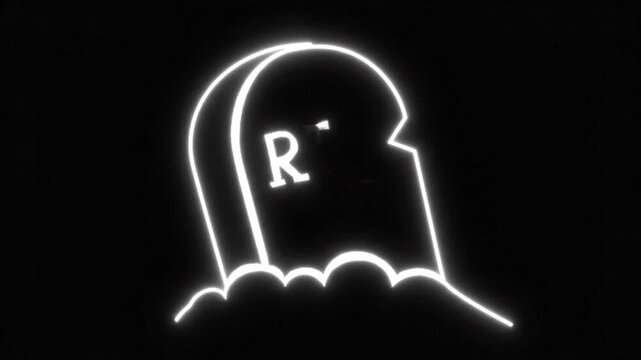 Vintage RIP tombstone animation, retro glowing gravestone line art, spooky Halloween cemetery icon on black background