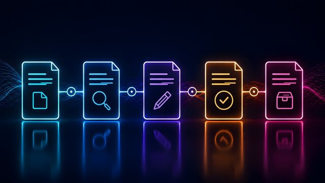 Complete document lifecycle management workflow displaying colorful glowing file icons from initial search and editing to final secure archiving