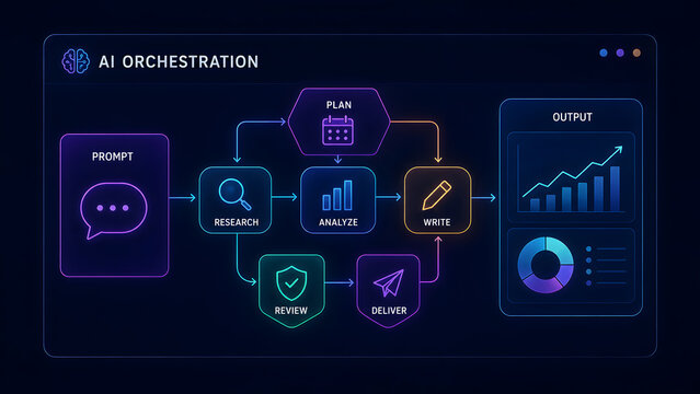 Automated orchestration workflow dashboard showing project management pipeline from prompt research to final delivery and data analytics