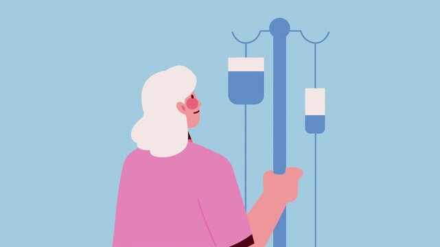 Elderly woman patient with iv drip bag stand animation in hospital setting.