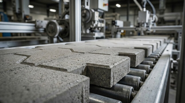 Concrete blocks shaped like crosses move along a conveyor belt in an industrial manufacturing facility.