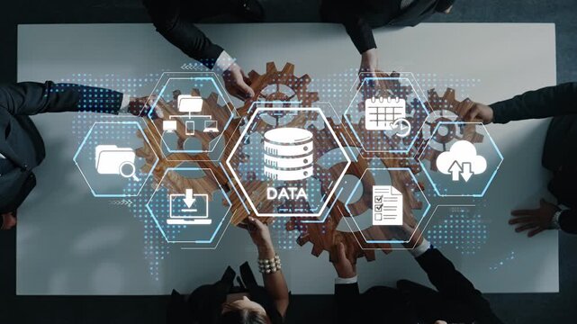 A business team gathers around a table, collaborating on data analysis with digital icons and gears, showcasing teamwork and technological innovation in a modern workspace. Raster