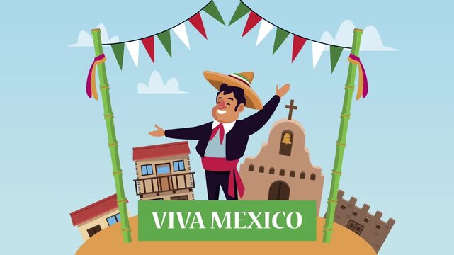 Festive man in sombrero celebrates Mexico with traditional buildings and bunting flags in motion.