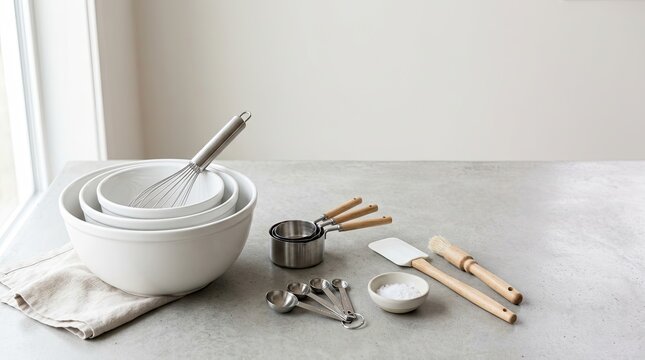 A set of white mixing bowls, a whisk, a measuring cup, and measuring spoons are arranged on a gray countertop. A linen napkin rests beneath the bowls.