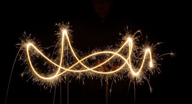 Long exposure photography of golden sparkler light trails forming a wavy abstract pattern against a solid black background, captured at night with bright sparks and glowing curves.