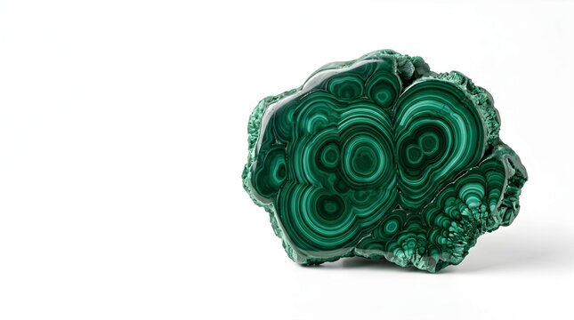 Polished green malachite mineral stone with concentric swirl patterns isolated on white background