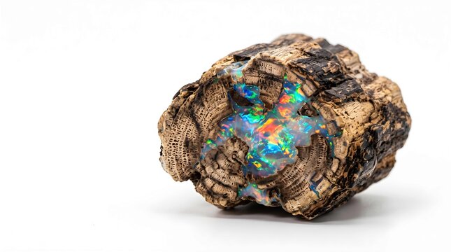Opalized wood fragment with vibrant rainbow iridescence isolated on white background fossil specimen
