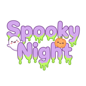 Cute Spooky Night Halloween Text With Ghost and Pumpkin.