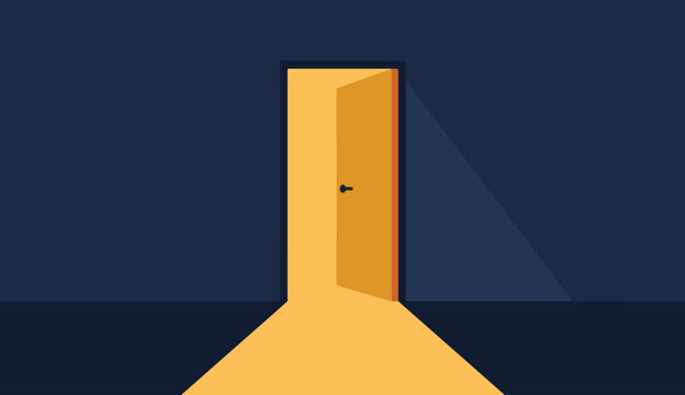 Minimalist vector illustration of an open door with glowing yellow light shining into a dark room