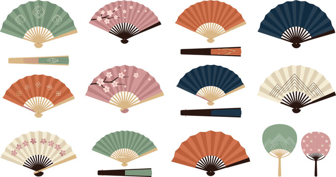 Traditional Asian Hand Fan Vector Set featuring Decorative Japanese Sensu Folding Fans, Chinese Cherry Blossom Artwork, and Uchiwa Round Paper Fan Designs