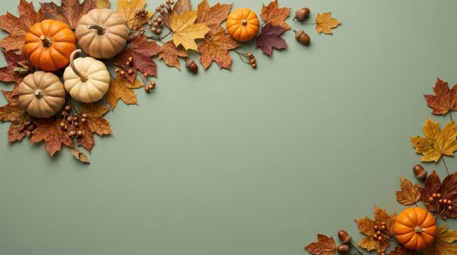 Decorative corner frame featuring assorted mini pumpkins, dried maple leaves, and acorns on a solid muted sage green background surface