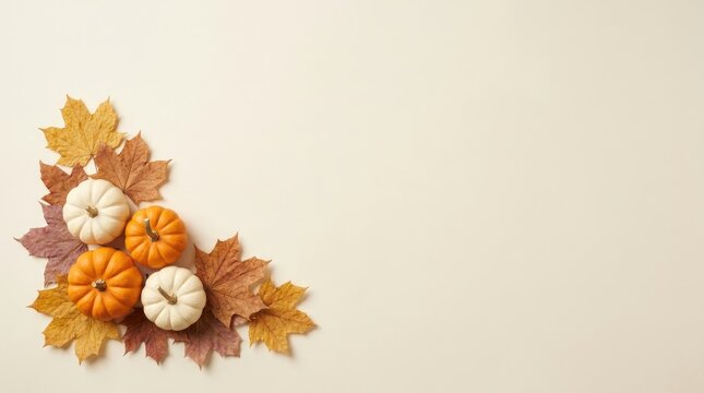 Small orange and white pumpkins nestled among autumn maple leaves in the bottom left corner on a light beige background, with copy space