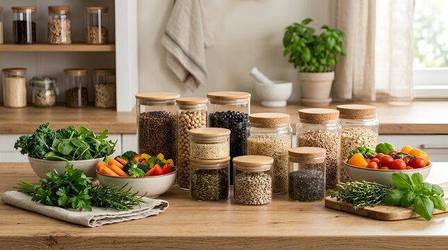 Healthy pantry staples and fresh vegetables on wooden kitchen counter