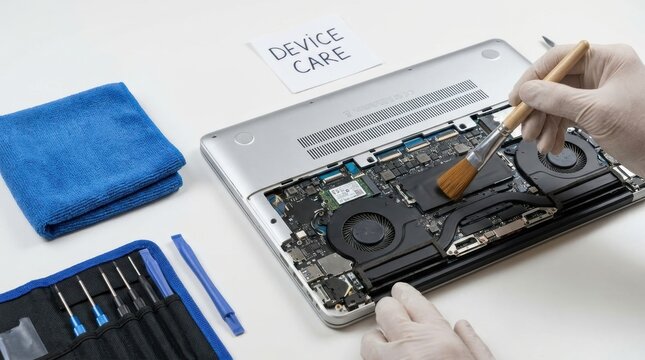 generic laptop opened for careful maintenance Technician cleaning internal laptop components with a brush and tools nearby.