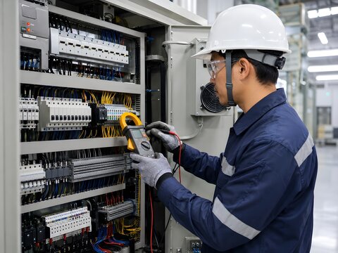 Electrical Technician Testing Control Panel in Industrial Facility