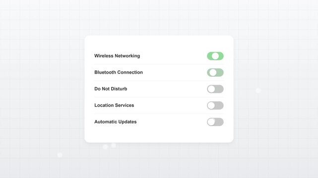 User interface settings menu with toggle switches turning on and off.