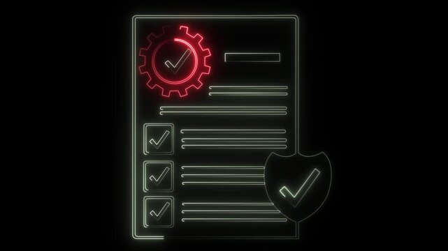 Digital neon checklist document with gear and shield representing assurance, cybersecurity compliance, business process optimization, data security, and verification standards