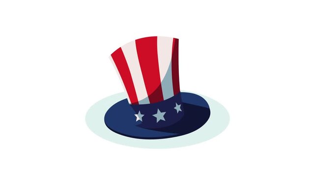 Animated patriotic uncle sam hat on white background with blue shadow and stars.