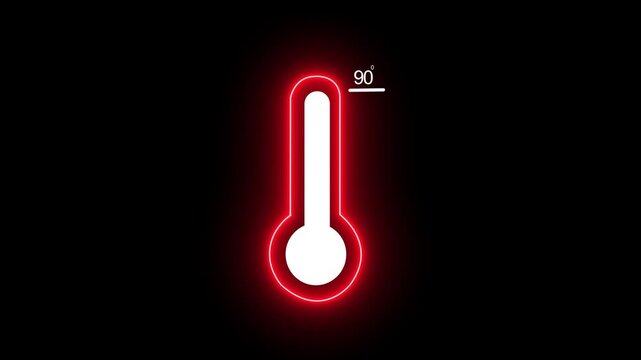 Glowing red neon thermometer indicating temperature level at 90 degrees celsius on a minimalist black background, for weather forecasts, climate change data, visualization, and scientific reports