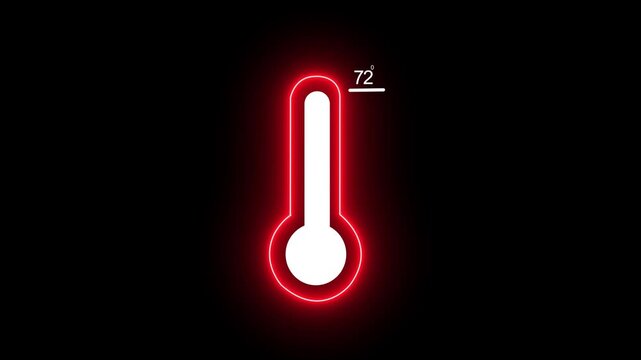 Minimalist glowing red neon thermometer animation with digital temperature display showing 72 degrees fahrenheit for weather forecast, climate control, scientific data, and hvac system ui