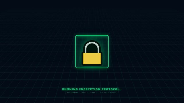 Digital padlock icon with encryption protocol on grid background