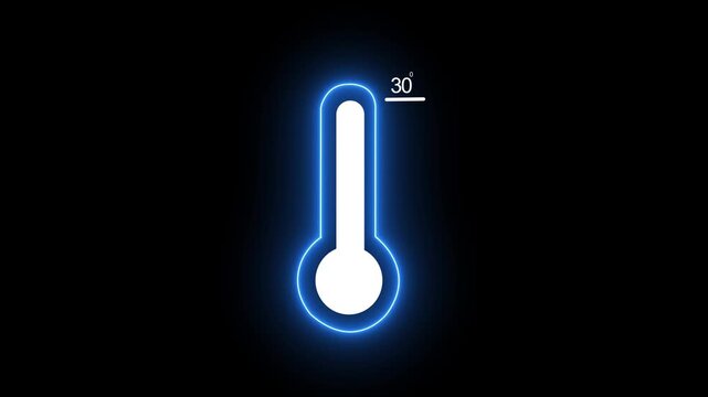 Animated neon thermometer displaying thirty degrees celsius temperature measurement on a minimalist black background, for weather forecasting, climate science, and, environmental data visualization