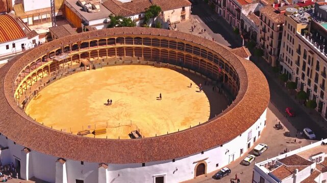 High angle aerial view of historic bullring plaza de toros in ronda spain.