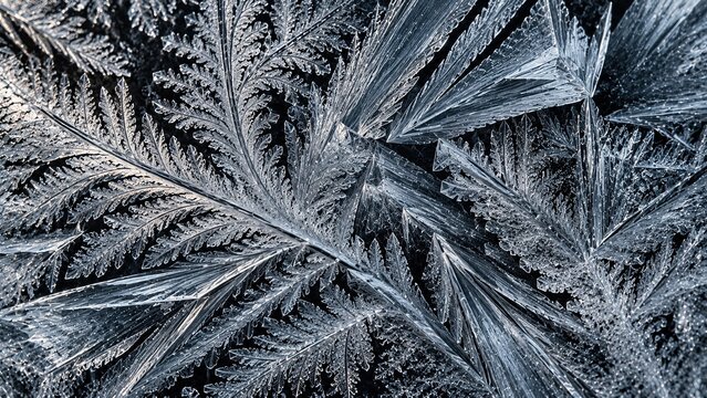 Frost window crystal macro, overlapping dendritic branch and angular ice blade filling dark glass surface. Detailed winter texture background in silver blue and charcoal tone. Crystalline pattern reso