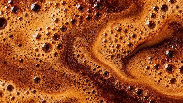 Coffee crema surface, microbubble cluster and caramel foam swirl across espresso. Natural food texture background in reddish brown cream and dark coffee tone. Macro pattern resource for beverage brand