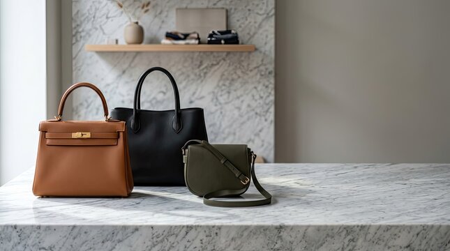 Three handbags rest on a white marble countertop. A black, a tan, and a green crossbody bag are displayed.