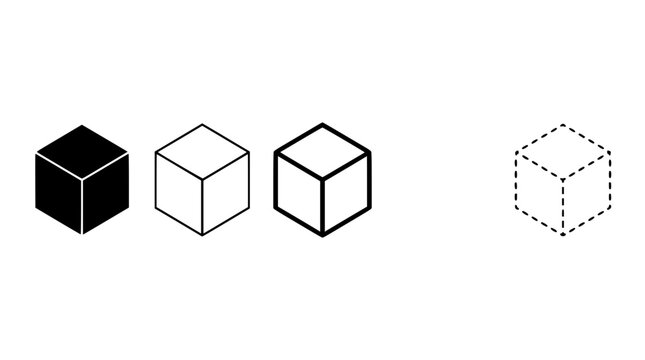 Cube set with linear arrangement featuring solid, outline, wireframe, dashed line, and perspective