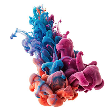 Swirling clouds of blue, magenta, and orange liquid ink droplets mixing in water isolated on a transparent background