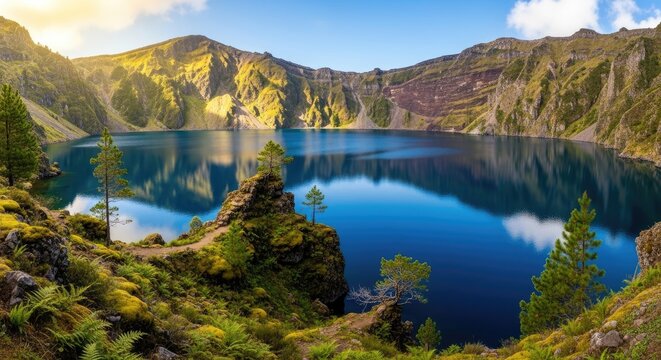 The image showcases a stunning panoramic view of a caldera lake nestled within a mountainous landscape. A vibrant blue lake reflects the surrounding peaks and the golden light of the rising sun.