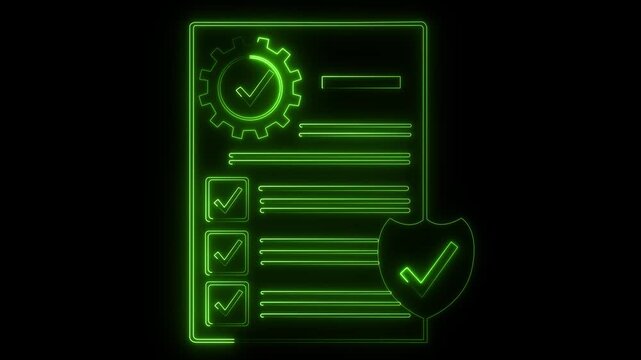Neon green digital checklist document with gear and security shield symbol for assurance, compliance, business process automation, data verification, and workflow management concept