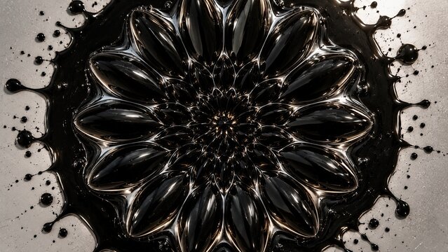 Ferrofluid radial bloom, glossy magnetic ridge and dense central spike formation. Scientific liquid-metal texture background in deep black and silver tone. Experimental pattern resource for technology