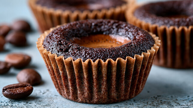 Freshly baked small round chocolate muffin cakes on a dark background with mini cake