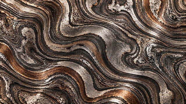 Damascus steel macro, continuous wavy layer and tight forged swirl across polished metal. Refined surface texture background in charcoal silver and copper tone. Industrial material pattern for product